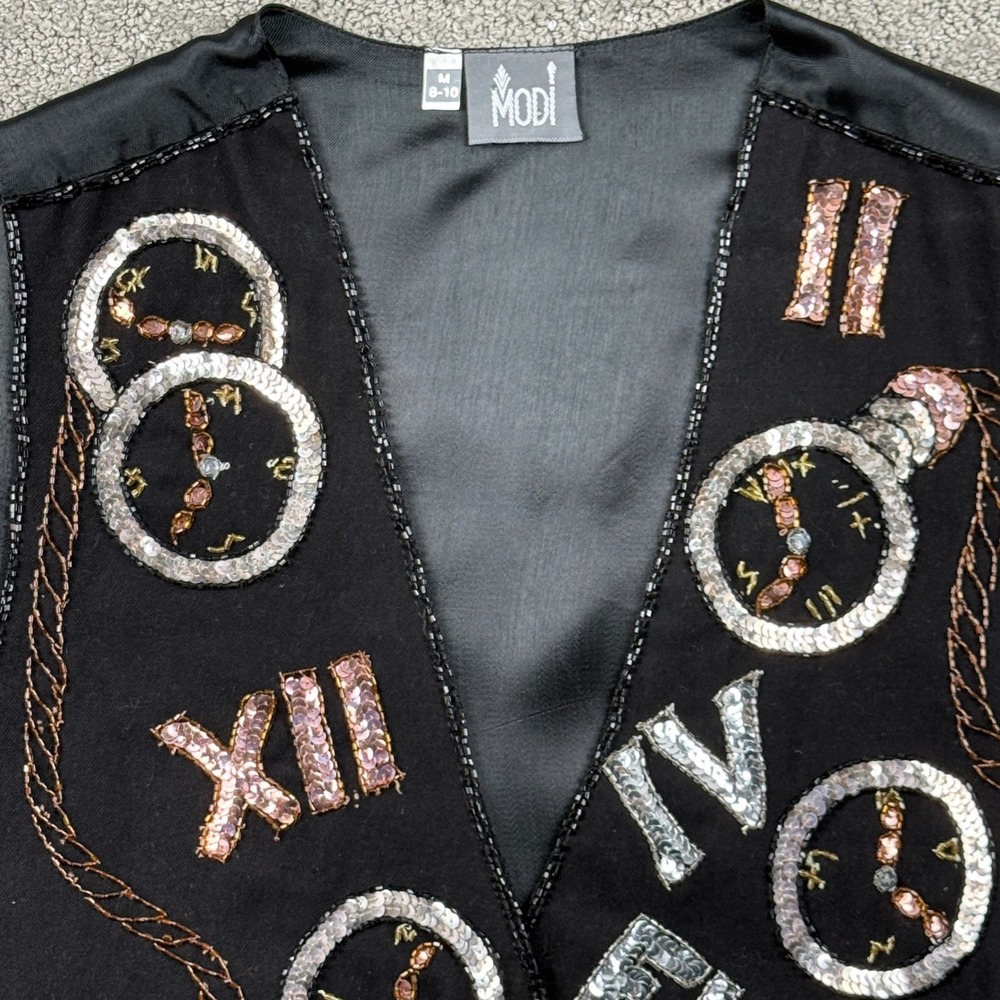 Modi Vest Women M Black Sequin Time Flies Pocket Watch Whimsigoth Vintage Style